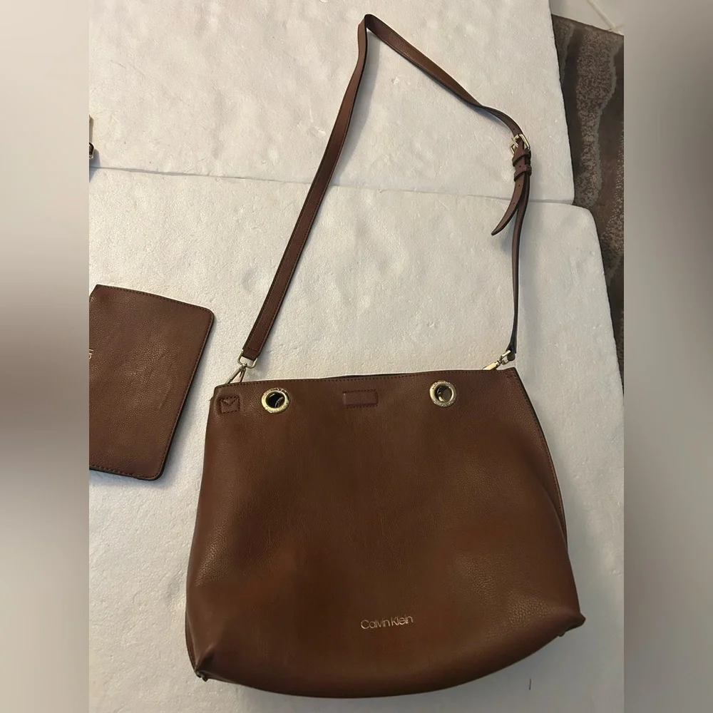 Calvin Klein brown tote purse double strap shoulder bag or crossbody wristlet